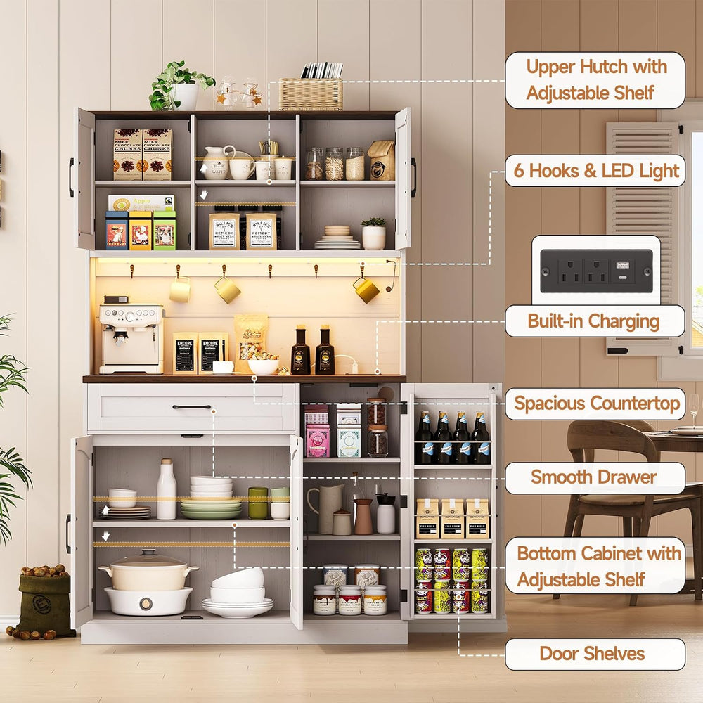 ONBRILL 71" Kitchen Pantry Cabinet with LED Light/Outlet, Off White+Waln...