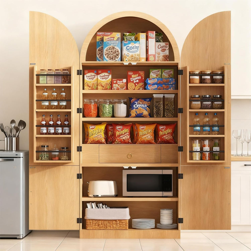 72" Tall Arched Cabinet with Doors, Modern Farmhouse Kitchen Storage Cab...
