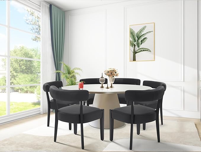 Modern Black Dining Chairs Set of 8, Faux Leather Upholstered Kitchen & Dining Room Chairs, Mid Century Modern Wooden Dining Chairs Oversized Sturdy Rounded Chairs Curved Back