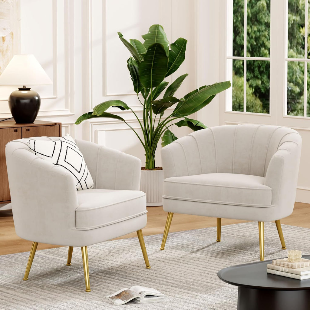 Velvet Accent Chair Set of 2, Barrel Armchair, Beige | Velvet Upholstery, Golden Metal Legs, Comfy Barrel Back, Modern Style, Living Room Bedroom Office