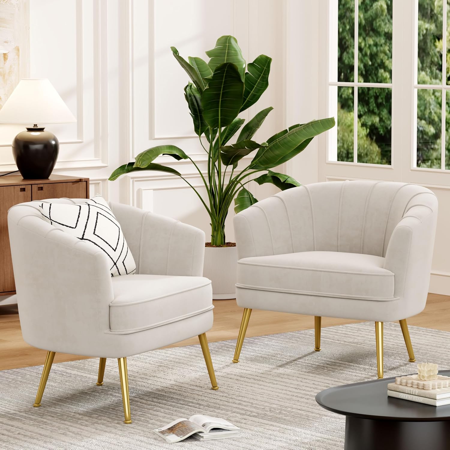 Velvet Accent Chair Set of 2, Barrel Armchair, Beige | Velvet Upholstery, Golden Metal Legs, Comfy Barrel Back, Modern Style, Living Room Bedroom Office