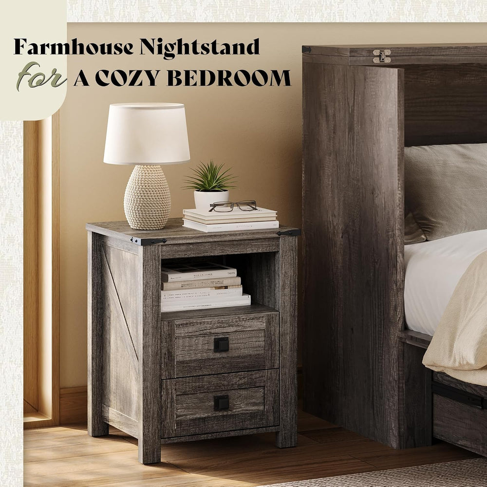 AMERLIFE Farmhouse Wood Nightstand Set of 2, End Table with Drawers, Grey | N...