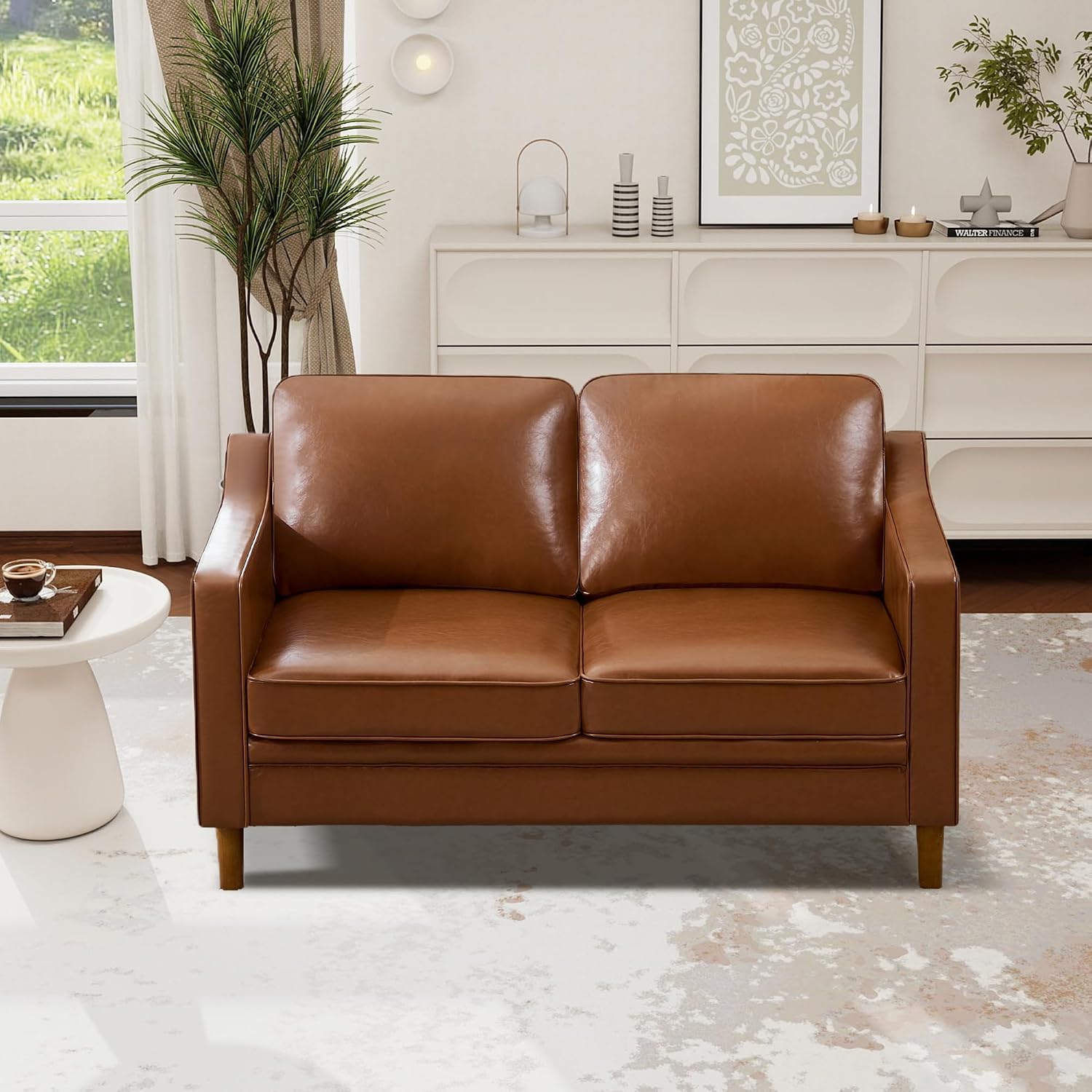 60" Faux Leather Sofa, Loveseat Couch, Mid Century Modern Love Seat Couches with Solid Wood Frame for Living Room Bedroom