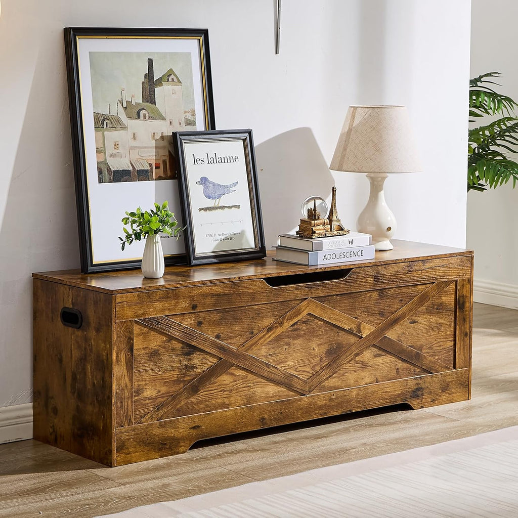 55.1" Storage Bench,Storage Chest for Entryway, Mudroom & Bedroom | 55.1L”x15.7W”x19.1H” Wooden Storage Bench,Storage Trunk with 2 Safety Hinges,Supports 220 lb,Easy Assembly(Rustic Brown)