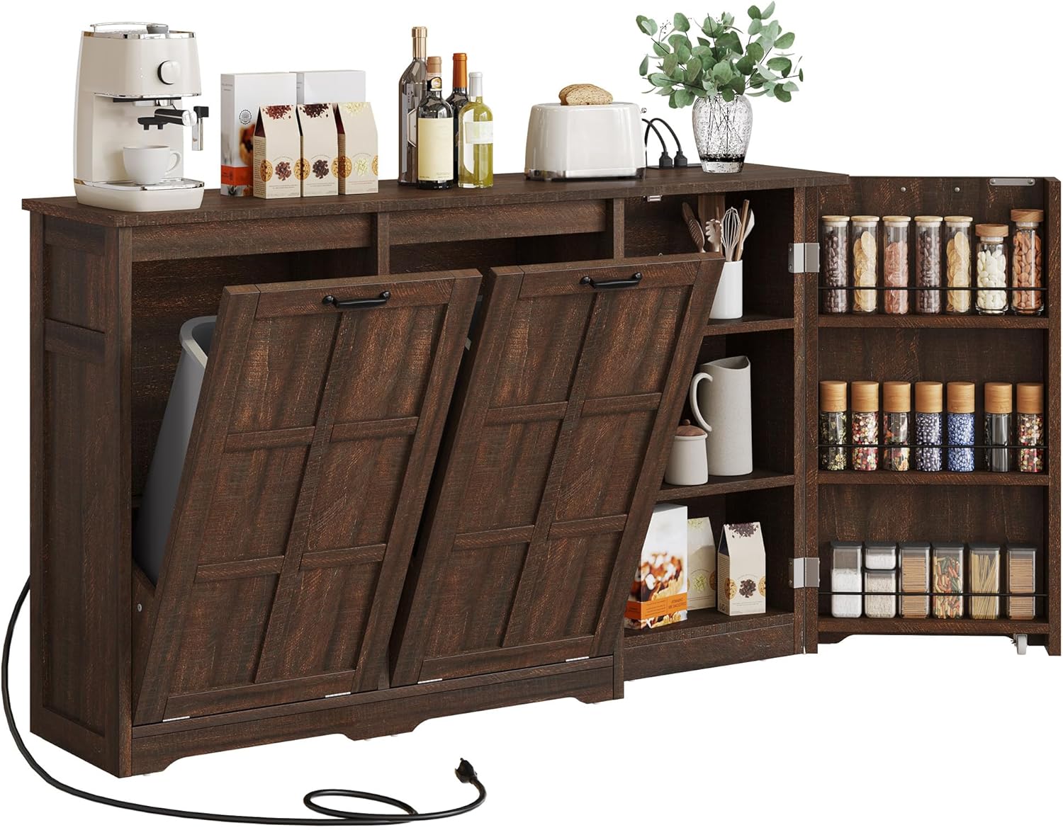 YITAHOME Kitchen Island with Power Outlet, 2 Tilt-Out Compartments | 2 tilt‑out compartments fit 13‑gallon trash bins. Adjustable shelf meets your storage demands