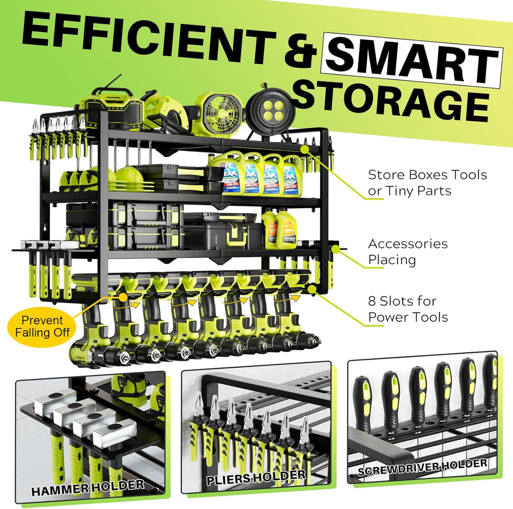 Large Power Tool Organizer Wall Mount, Garage Storage Cordless Tool Organizer with Screwdriver Holder, Heavy Duty Metal Storage Rack with 8 Drill Holder 4 Layer, Gifts for Men Who Have Everything