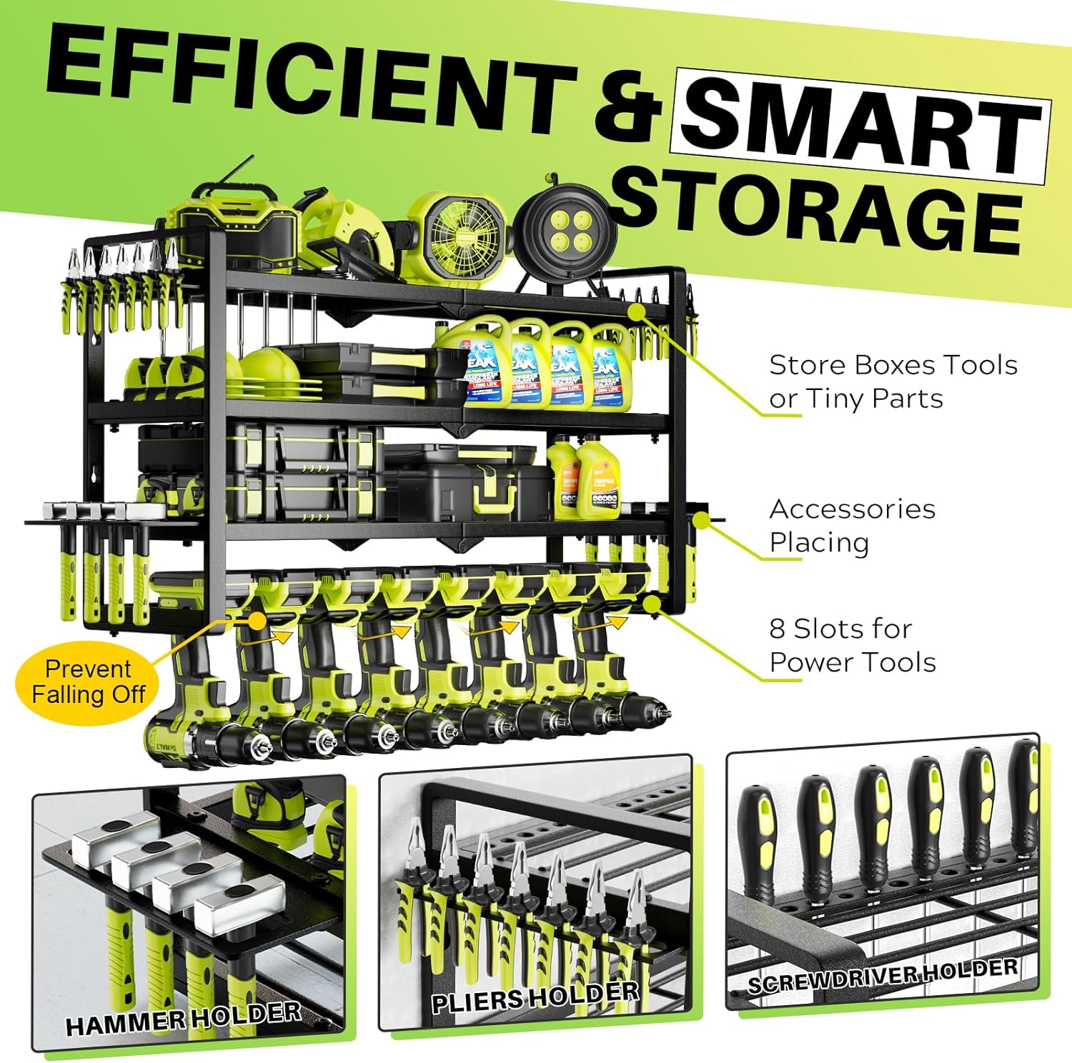 Large Power Tool Organizer Wall Mount, Garage Storage Cordless Tool Organizer with Screwdriver Holder, Heavy Duty Metal Storage Rack with 8 Drill Holder 4 Layer, Gifts for Men Who Have Everything