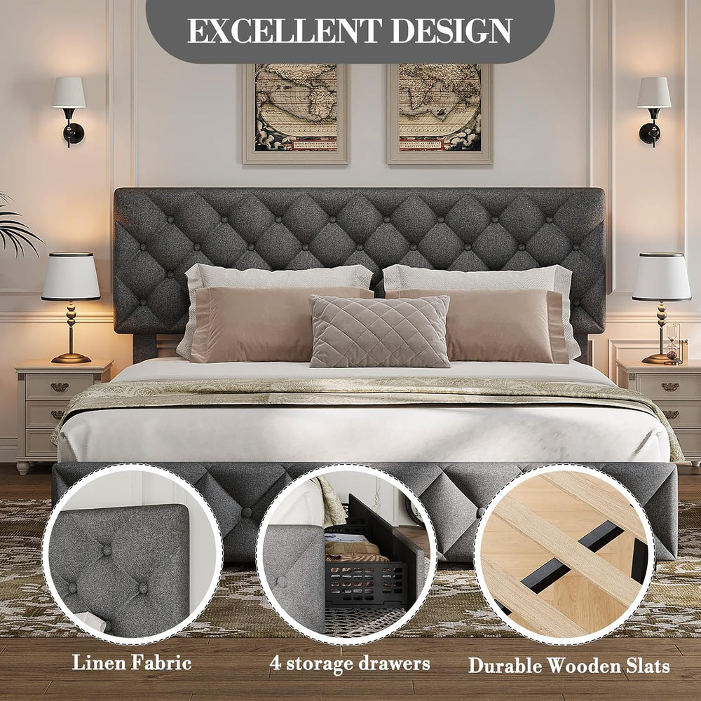 Queen Size Bed Frame with Adjustable Headboard & 4 Storage Drawers - Diam...