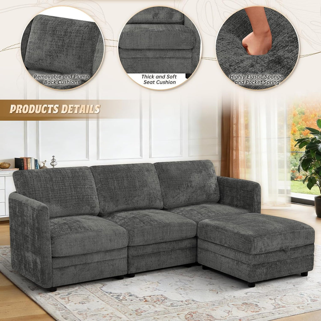 86” 4-Seater Chenille Modular Couch w/Adjustable Backrest, Grey | Upholstered L-Shape Sectional Sofa with Removable Ottoman, Convertible Sleeper Sofa with Storage Seats for Living Room