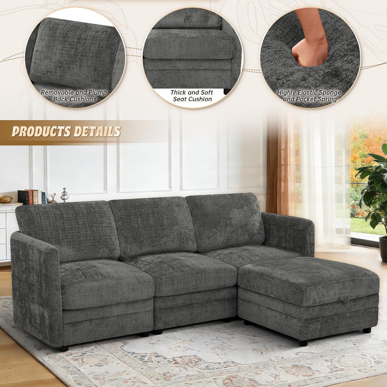 86” 4-Seater Chenille Modular Couch w/Adjustable Backrest, Grey | Upholstered L-Shape Sectional Sofa with Removable Ottoman, Convertible Sleeper Sofa with Storage Seats for Living Room