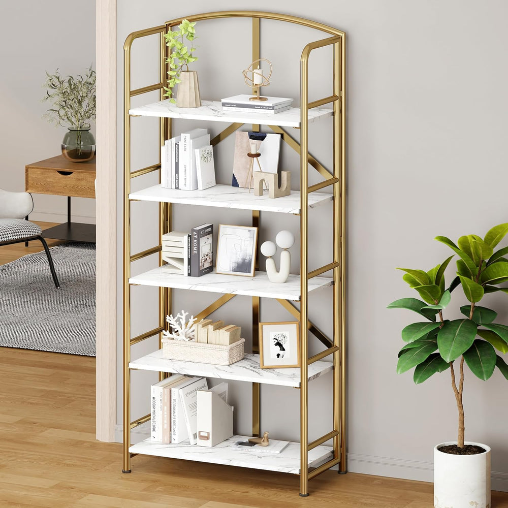 No Assembly,Gold Folding Bookshelf 5 Tiers, Vintage Storage Rack,Brown&Gold