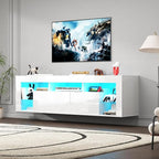 63" Floating High Gloss LED TV Stand for 75" TVs, Wall-Mounted Entertainment Center, Modern Media Console with Open Adjustable Glass Shelf and Hidden Storage Cabinet, White