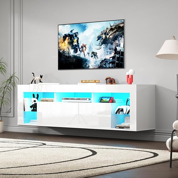 63" Floating High Gloss LED TV Stand for 75" TVs, Wall-Mounted Entertainment Center, Modern Media Console with Open Adjustable Glass Shelf and Hidden Storage Cabinet, White