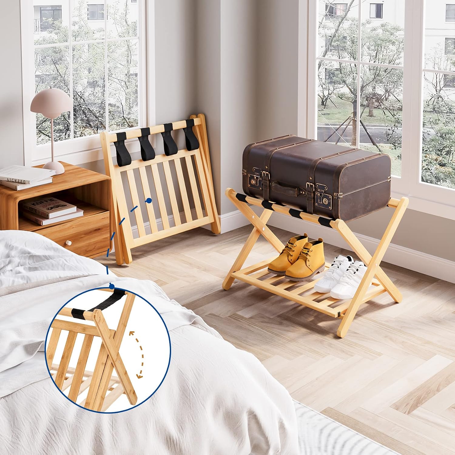 Set of 2 Fully Assembled Luggage Rack for Guest Room, 5 Straps Bamboo Suitcase Stand with Shoe Shelf, 26.77" Wide Foldable Luggage Holder for Bedroom, Hotel (Natural)