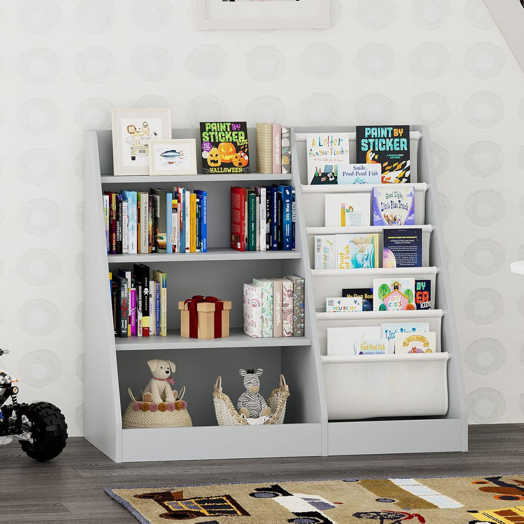 Gray 4 Tier Kids Wooden Bookshelf,Five Layer Sling Toddler Front Facing Bookcase,Baby Kids Storage Book Rack,Book and Toy Organizer Cabinet,Child Book Display Playroom Nursery Bedroom