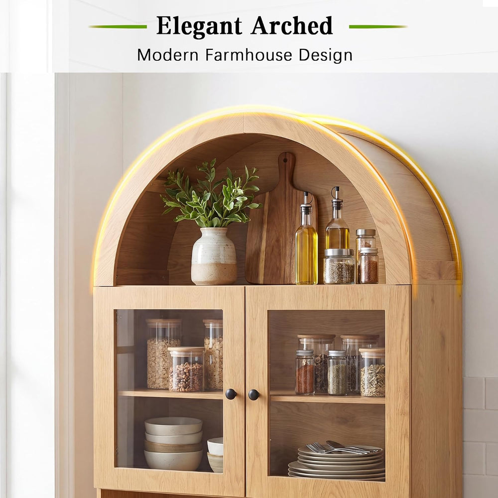 KEIKI 75 Inch Farmhouse Pantry Cabinet with Charging Station, Tall Arched Cof...