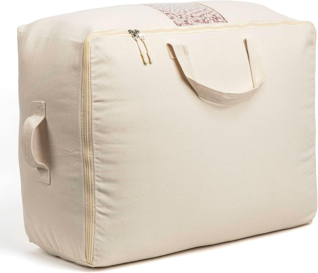 Soft Canvas Storage Bags with Zipper. Thick Breathable, 1pc King/Queen Comforter Organizer. Four Carrying Handles and Window. Large 25x19x9in Bag for Sheets Blankets Bedding Pillows, Clothes