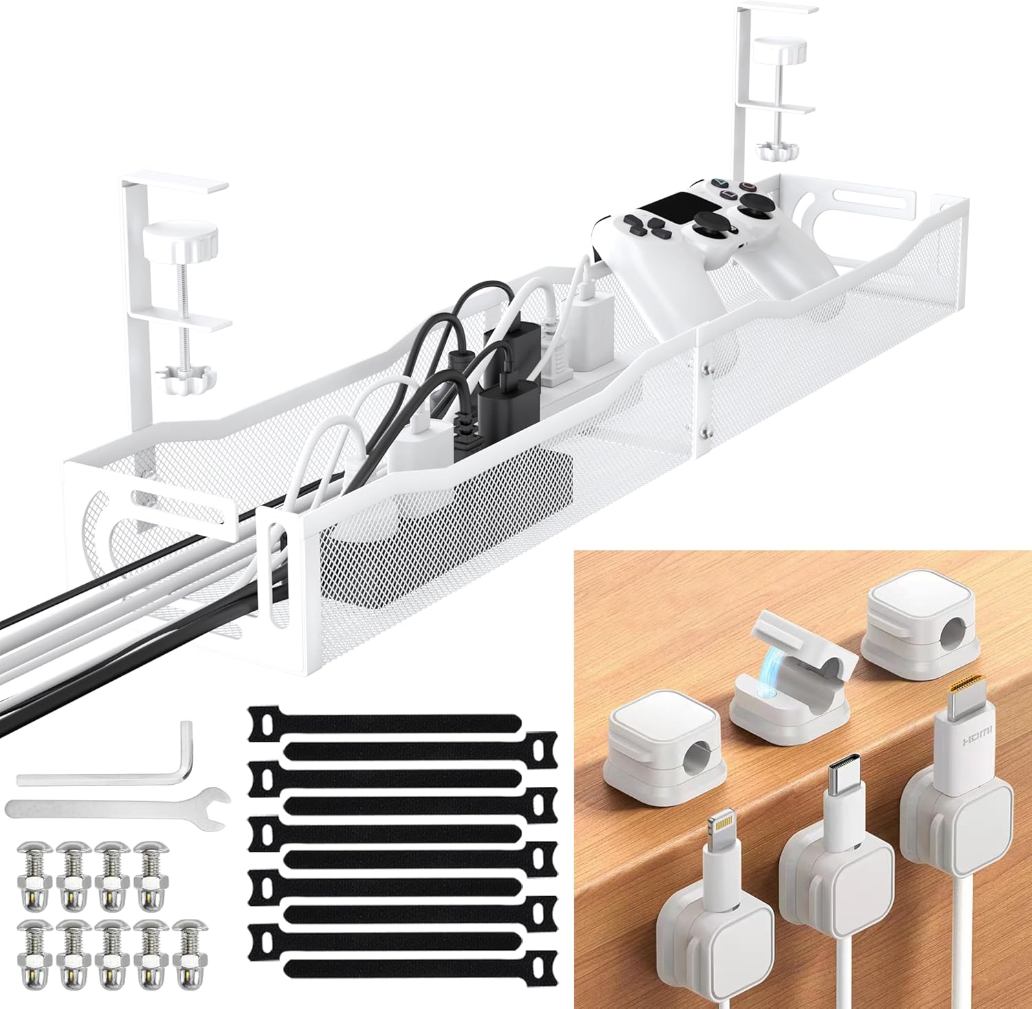 No Drill Under Desk Cable Management Tray, SONATURE 25.3" Cord Organizer for Table, Clamp Mount Desk Cable Management, Premium Carbon Steel Cable Organizer for Office, Home (White)