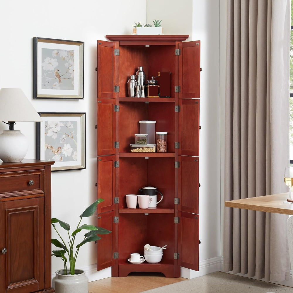 Mid-Century 4-Tier Pantry Storage Cabinet, Corner Cabinet and Adjustable Shel...