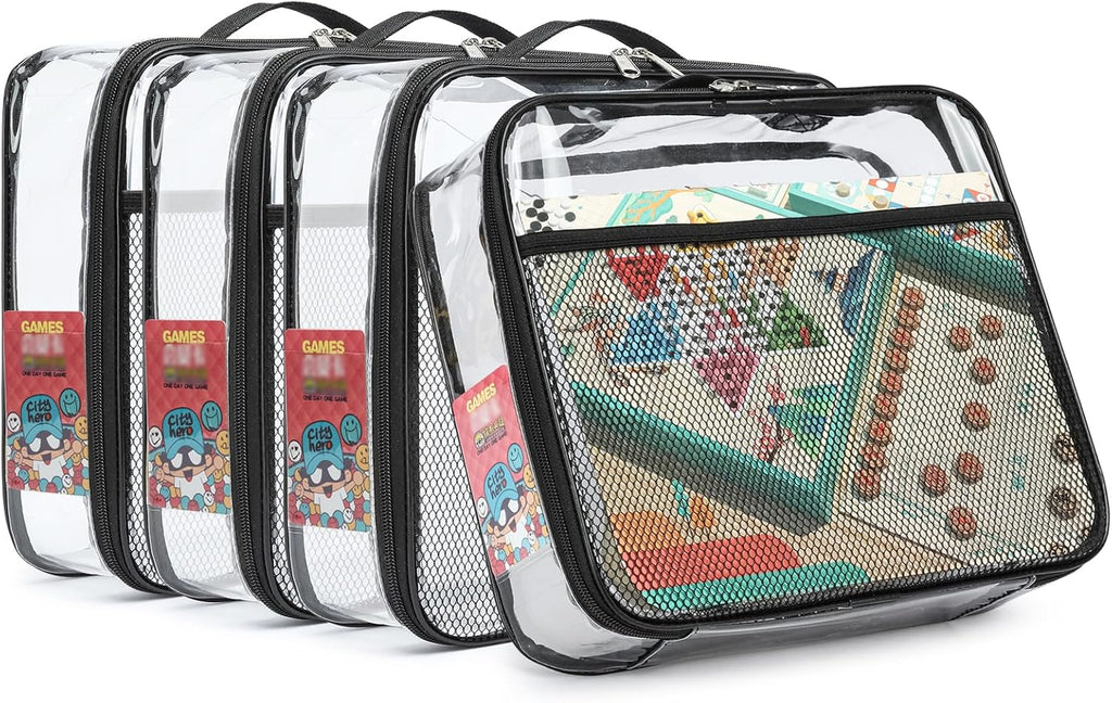 4 Pack Clear PVC Waterproof Toy Storage Bags with Name Tag Pockets - Zippered Organizer for 2x4 Building Blocks, Puzzles, Travel Toiletries, Kids Room Organization (Black, Small)
