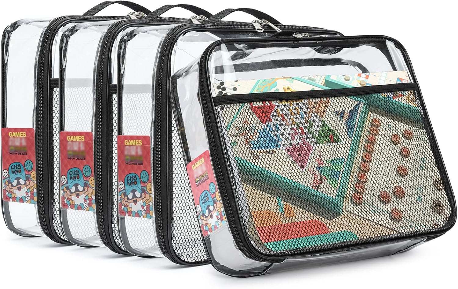 4 Pack Toy Storage Organizer Bags 13.7"L x 2.7"W x 9.7"H | Clear Waterproof Toy Organize for Building Blocks, Puzzles, Board Games | Travel-Friendly with Name Tag & Mesh Pocket (Large, Black)