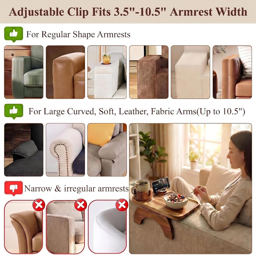 Couch Armrest Table, Acacia Wood Sofa Arm Tray with 360° Rotating Phone &...