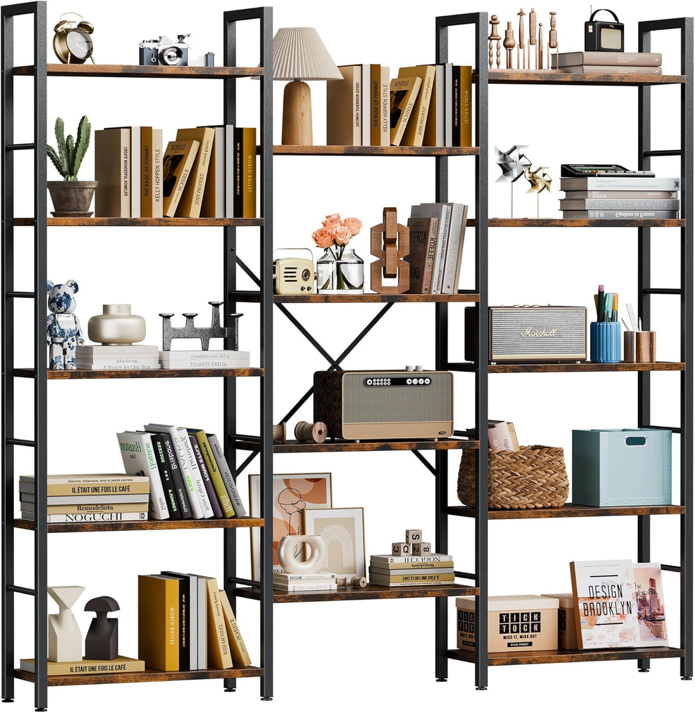 Shintenchi Triple 5 Tier Bookshelf, Laege Wide Bookcase, Display Shelf