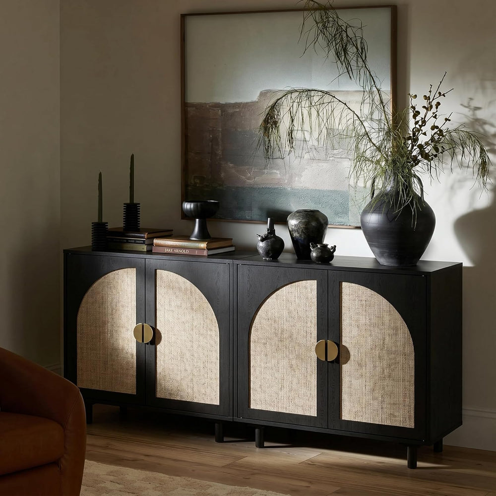 Modern Rattan Storage Sideboard Cabinet, Black Wood Buffet with Magnetic Latc...