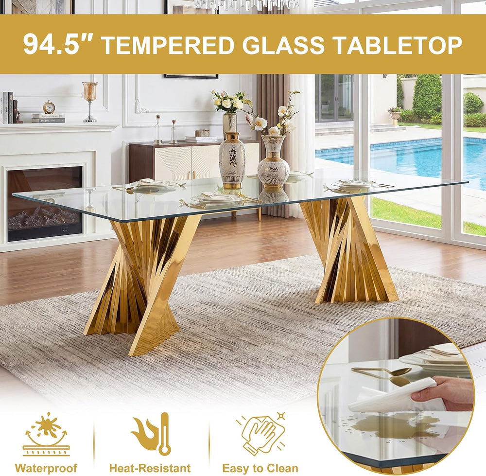 94" Modern Glass Gold Dining Table for 8-10, Luxury Kitchen Table with T...