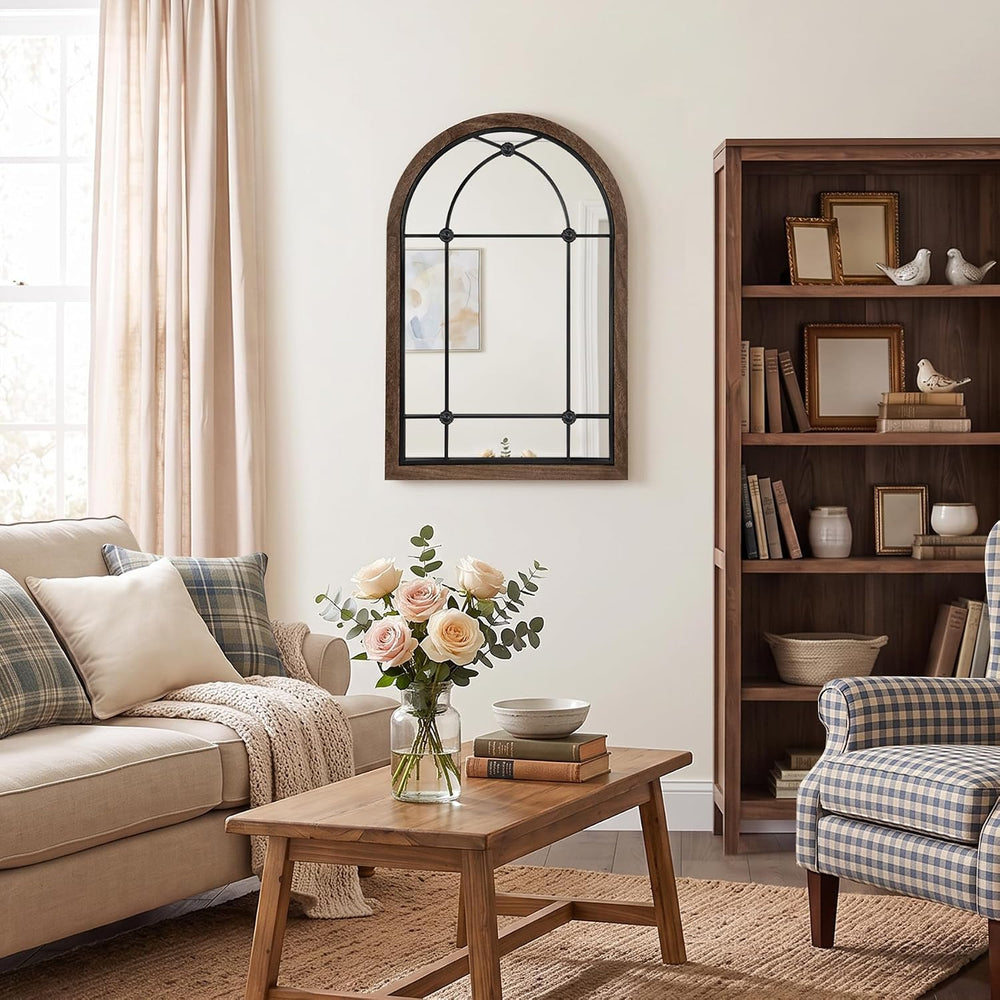 36x24 Inch Arched Window Pane Mirror , Wood Frame Farmhouse Mirror