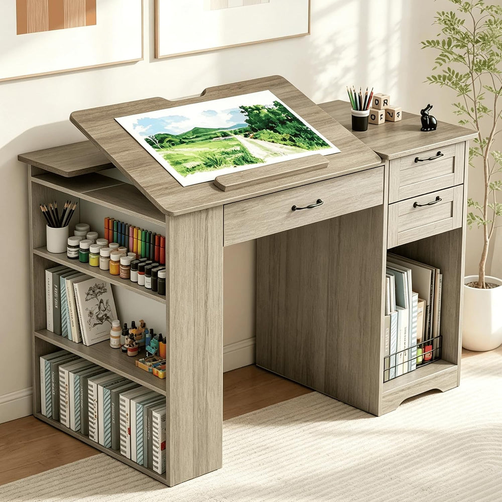 Drafting Table with Storage Cabinet & Drawers, Adjustable Drawing Table w...