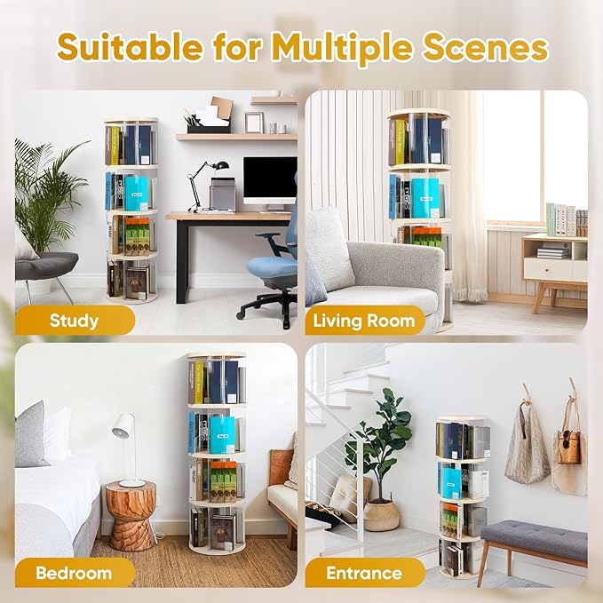 FAHKNS 4 Tier Rotating Bookshelf,360° Revolving Bookcase Tower,Clear Acrylic Round Book Shelf for Small Space,Suitable for Spinning Bookshelf Tower in Bedroom, Living Loom, Office