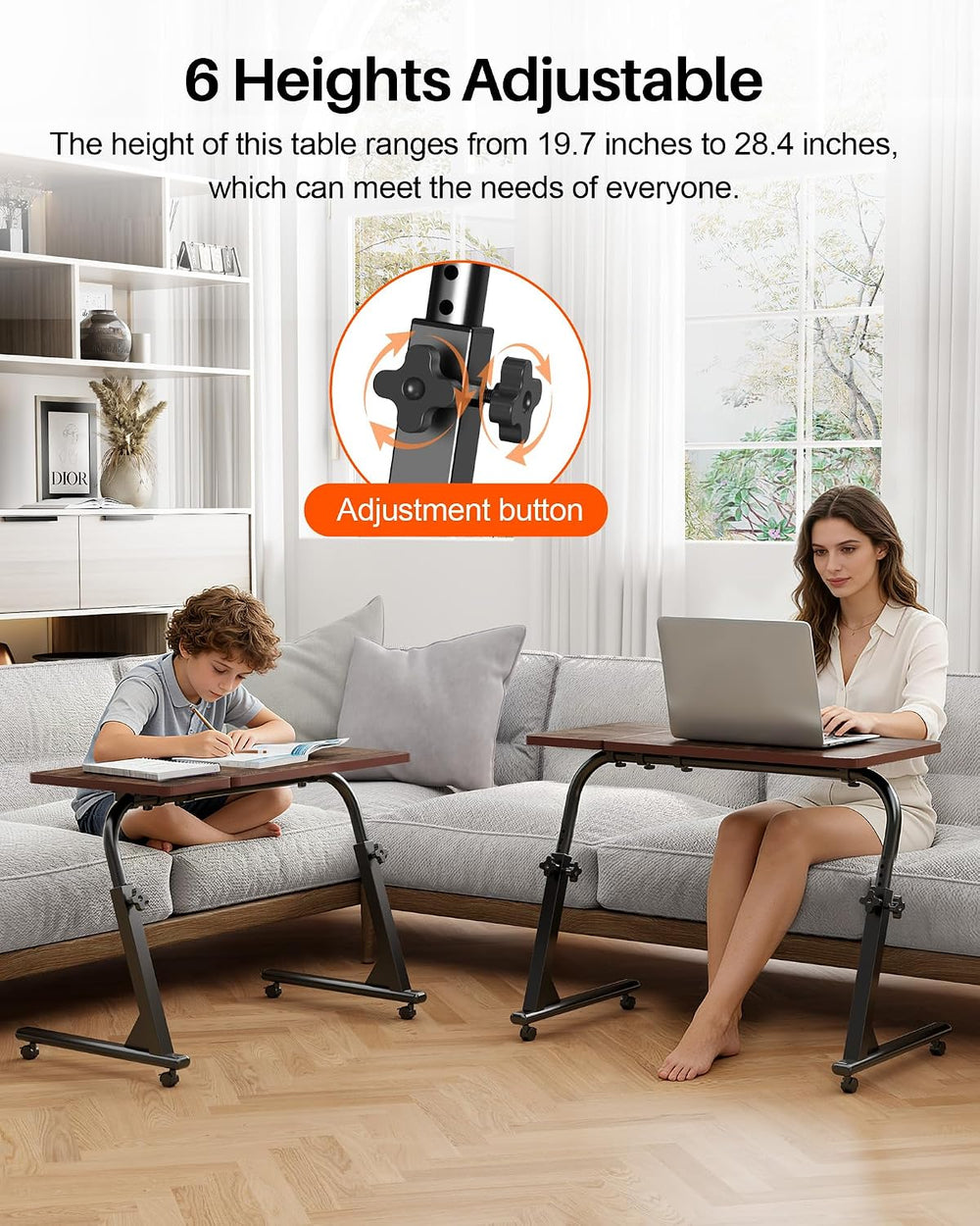 TV Tray Table with Wheels, Height Adjustable Folding Laptop Desk for Sofa | T...
