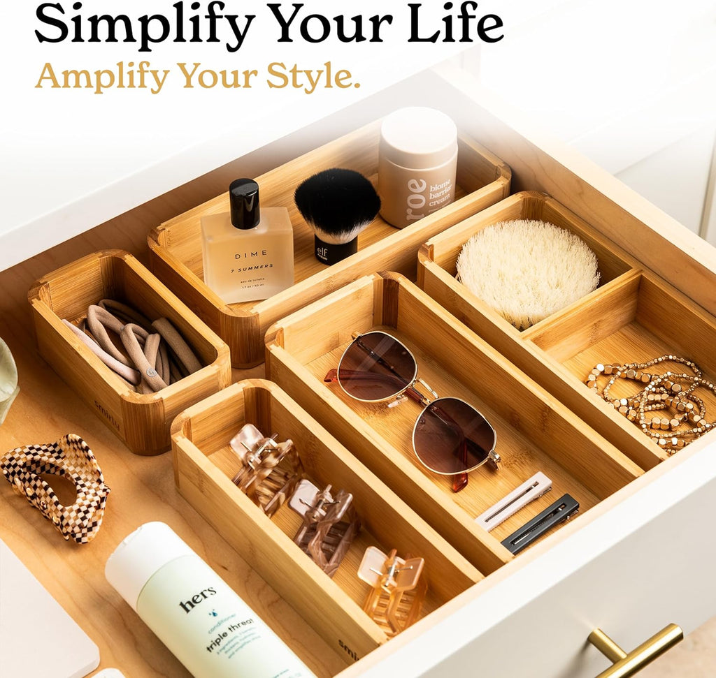 SMIRLY 5-Piece Bamboo Kitchen Drawer Organizer Set for Large and Small Utensils, Multi-use Storage Box - Bathroom, Nightstand, Jewelry, Cutlery, Knife, Spice, Towel, Junk Drawer Tray