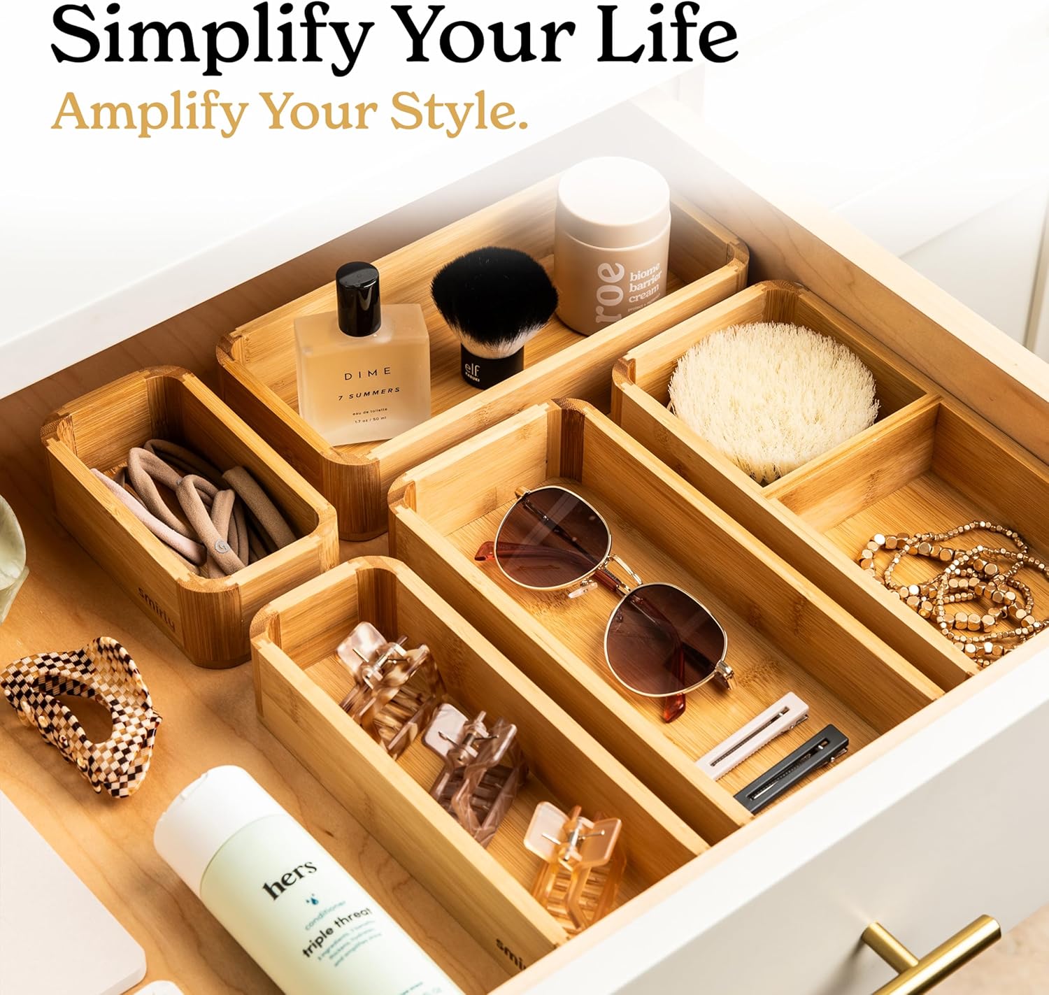 SMIRLY 5-Piece Bamboo Kitchen Drawer Organizer Set for Large and Small Utensils, Multi-use Storage Box - Bathroom, Nightstand, Jewelry, Cutlery, Knife, Spice, Towel, Junk Drawer Tray