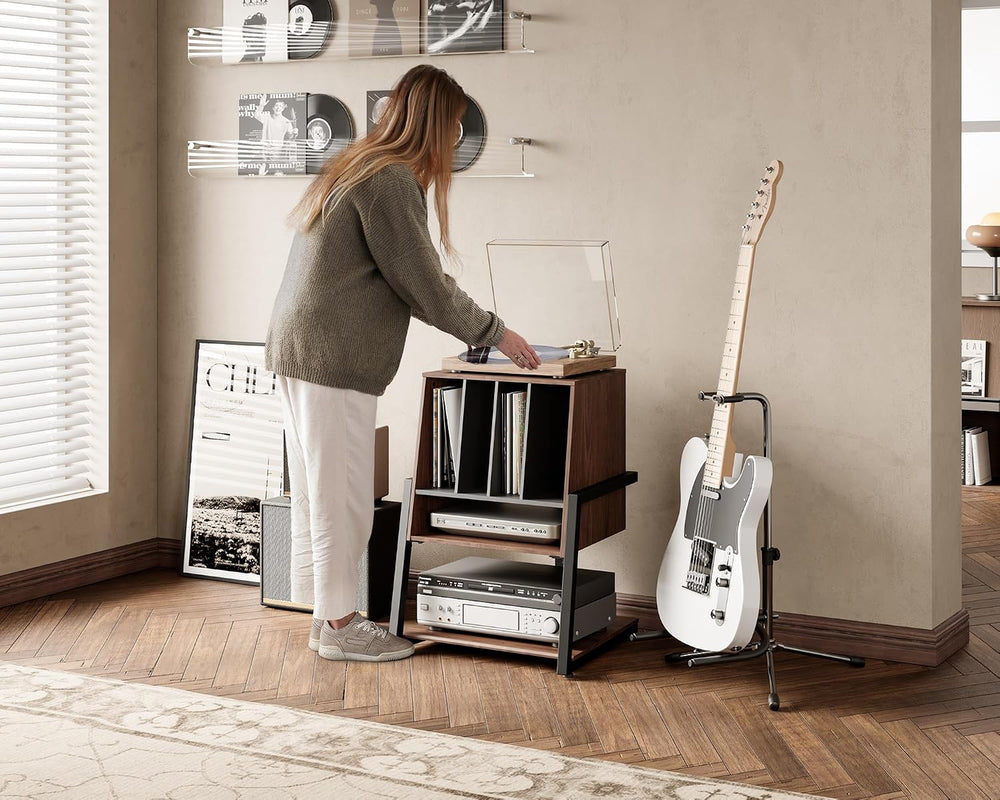 FITUEYES Record Player Stand with Storage for 120 Vinyl Records, Walnut | Vin...