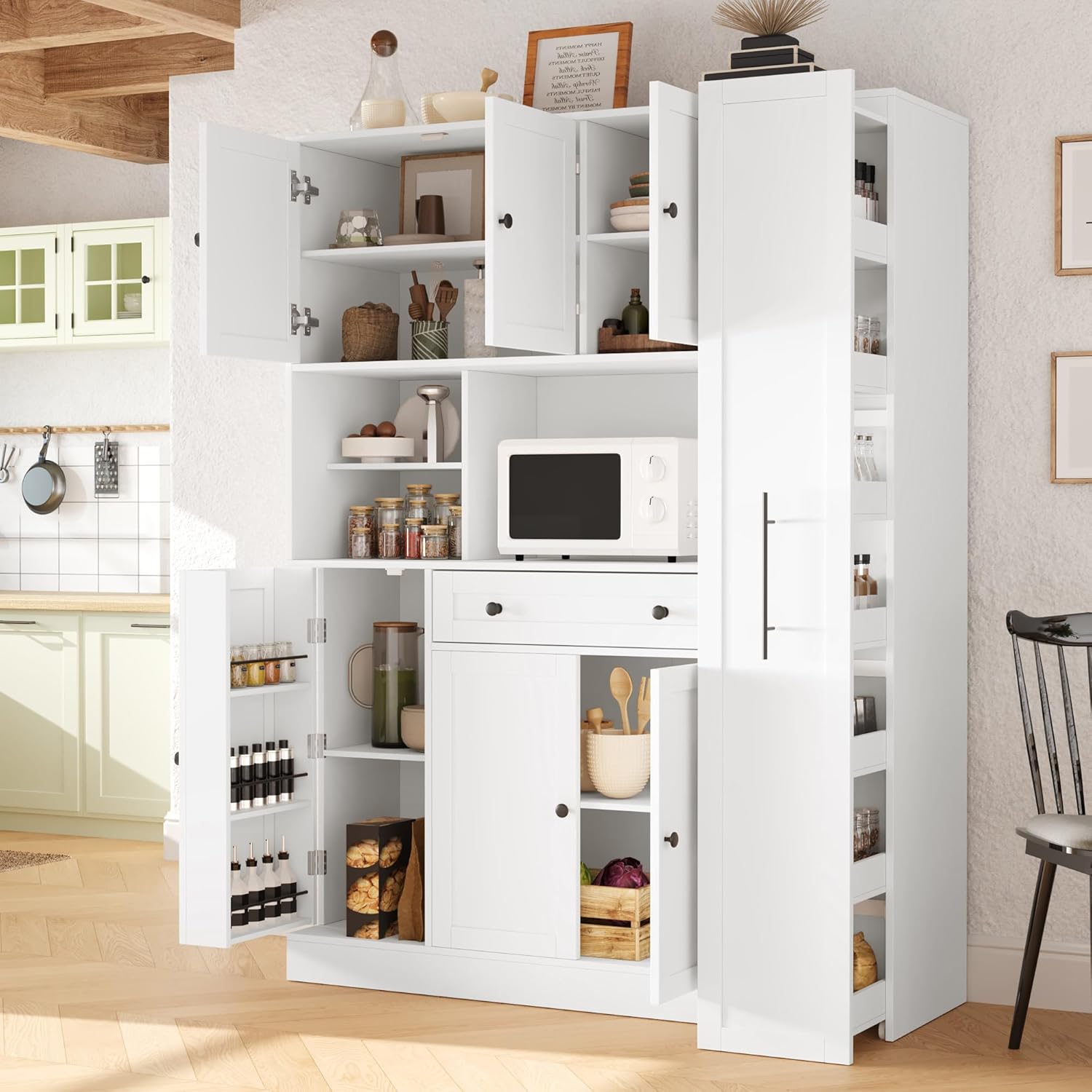 Traditional Freestanding Kitchen Pantry with Pull-Out Side Cabinet, Door Shelves and Drawer, Large Buffet Sideboard Cupboard for Dining Room (White)