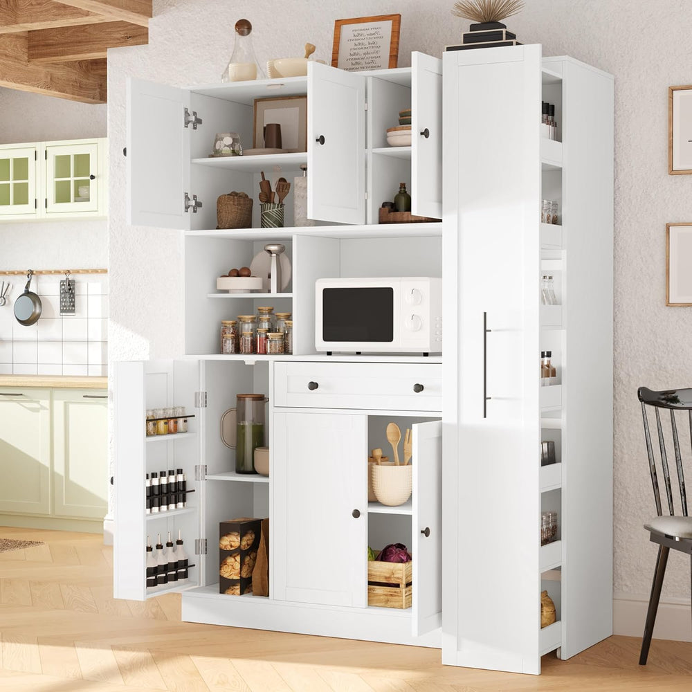 Farmhouse Freestanding Kitchen Pantry with Pull-Out Side Cabinet, Door Shelve...