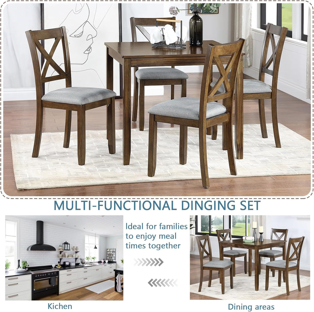LUMISOL Dining Table Set for 4, Farmhouse Kitchen Table Set with 4 Upholstered Chairs, Wood Table and Chairs Set for Living Room, Kitchen, Dining Room, Walnut