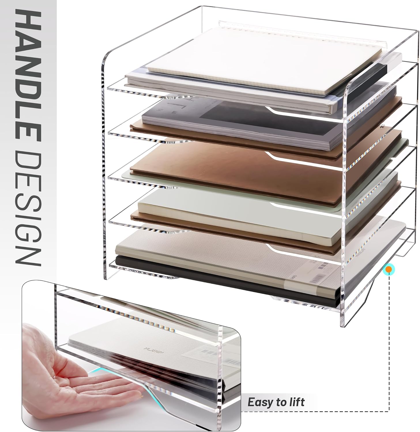 SANRUI Acrylic Desk File Organizer 5 Tier Letter Tray Paper Organizer with Handle for Office, Home, Classroom Clear Desk Organizer Document Holder