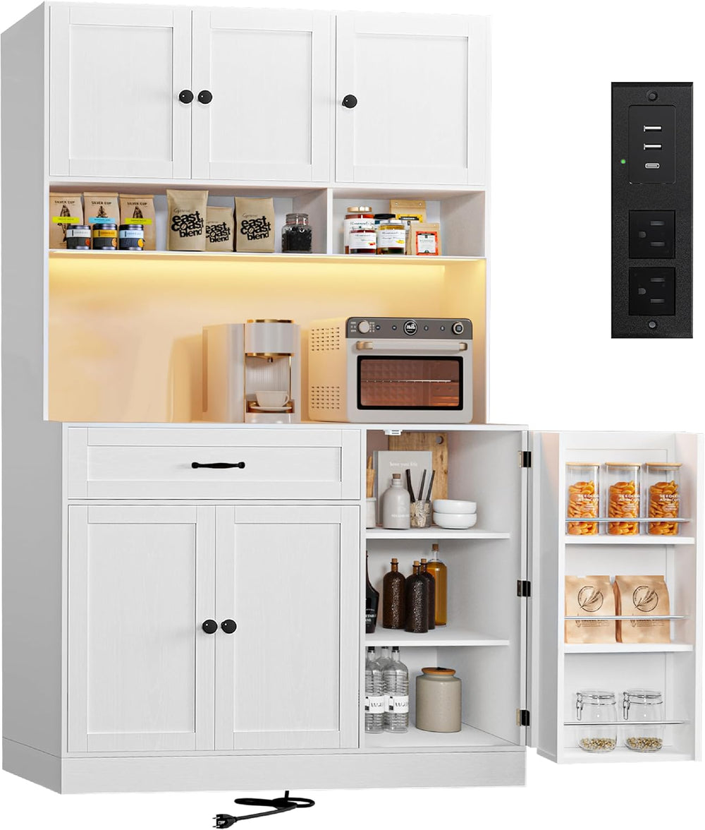 FJTJBSI 72" Kitchen Pantry Cabinet with LED Light and Charging Station T...
