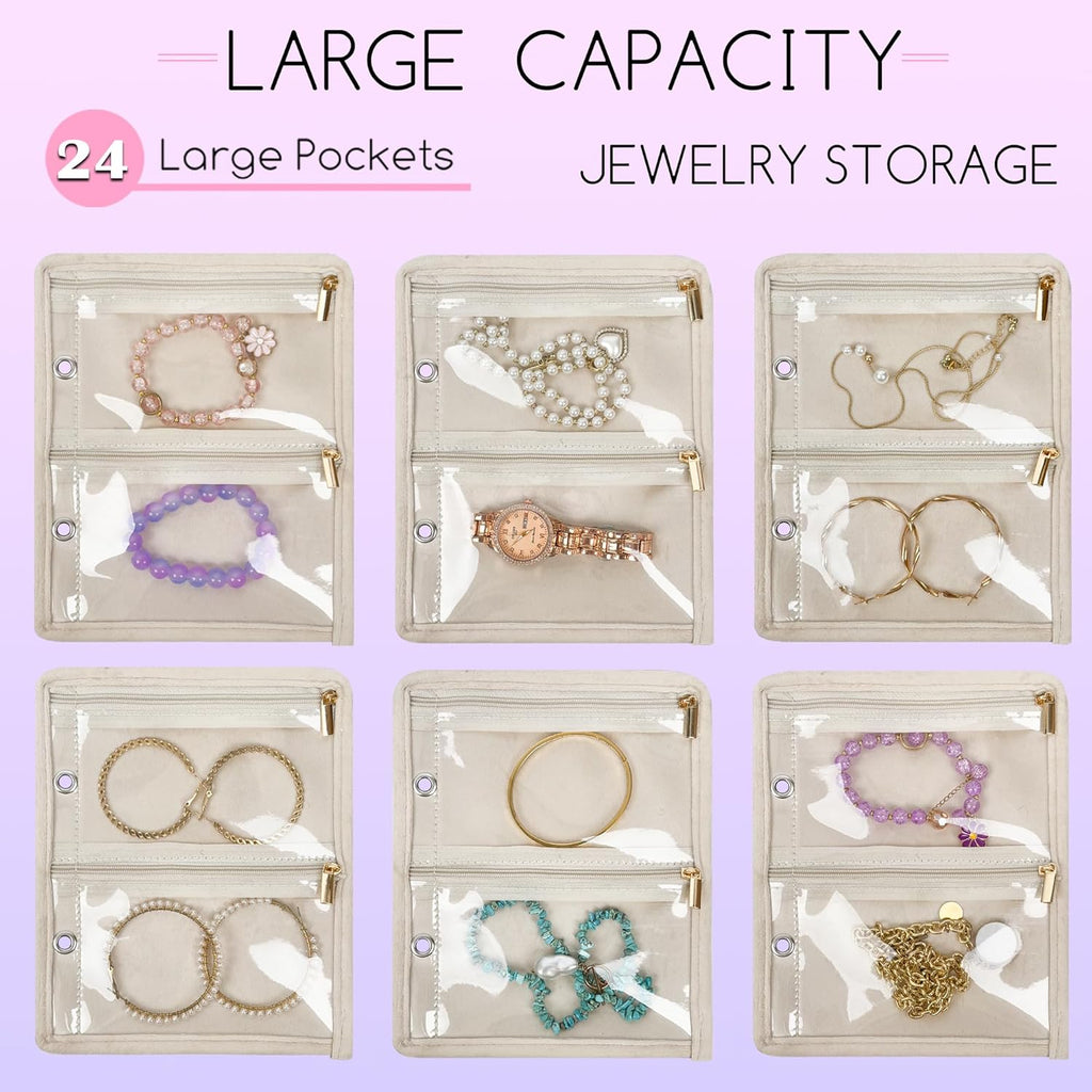 Travel Jewelry Organizer Case,Small Jewelry Bags for Traveling, Jewelry Binder with 24 Pcs Clear Zipper Velvet Pouches (Pink)