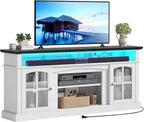 YITAHOME LED Farmhouse TV Stand for 75 Inch w/Outlets, Modern Entertainment Center with Glass Doors and Adjustable Storage Shelves, Media Console TV Cabinet for for Living Room, White/Black