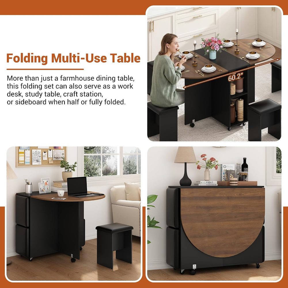 5 PCS Farmhouse Dining Table Set for 4,60" Large Round Folding Dining Ta...