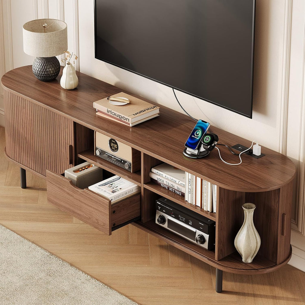 69" TV Stand with Power Outlet for TVs up to 75 Inch, Fluted Media Console | Mid-Century Modern Walnut Entertainment Center with Storage Drawer, Sliding Door and Adjustable Shelves for Living Room