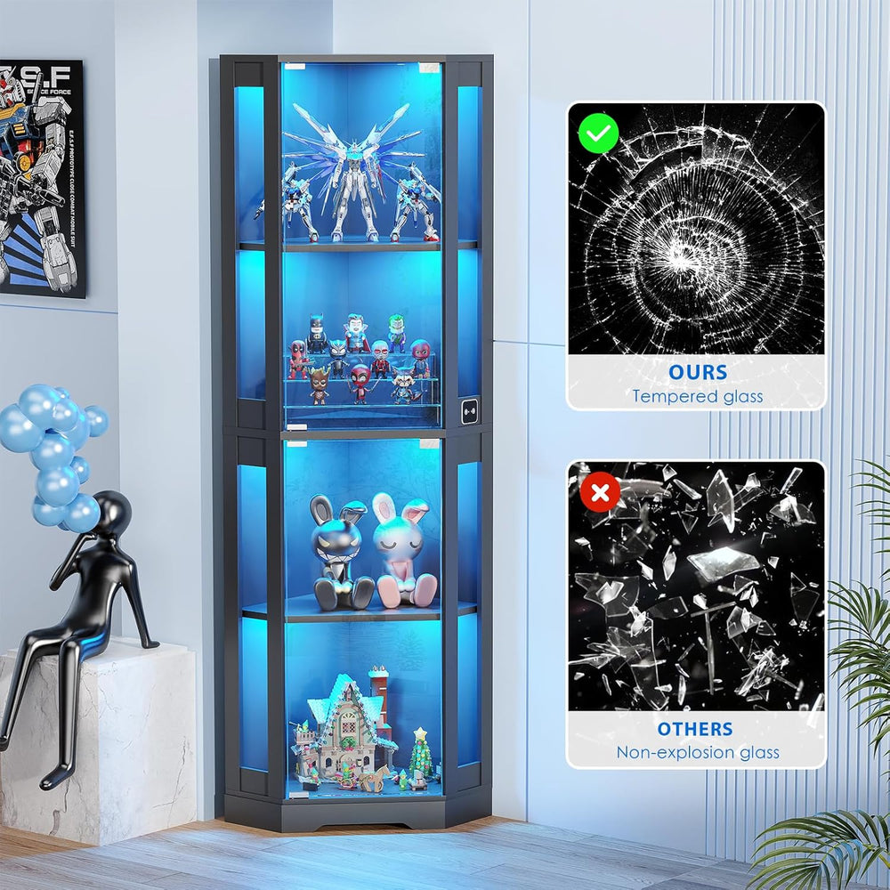 BROTTAR 65" Corner Glass Display Cabinet with LED Lights, 4-Tier Showcas...