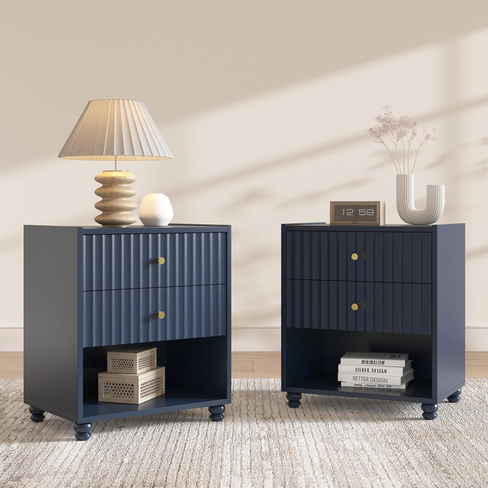 22 inch Tall Blue Nightstand Set of 2, Fluted Bedside Table with 2 Drawers an...