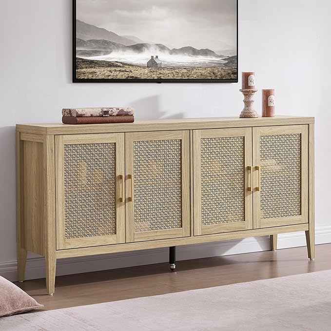SICOTAS TV Stands for Living Room Bedroom - Farmhouse Entertainment Center TV Console with 4 Doors Cabinet, 59" Television Stands Media Console Credenza for 45 50 55 60 65 Inch TVs, Light Walnut