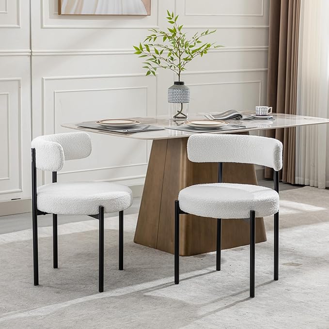 Boucle Dining Chairs Set of 6, White Dining Chairs with Upholstered Seat and Round Back, Mid-Century Modern Kitchen Chairs for Dining Room, Restaurant