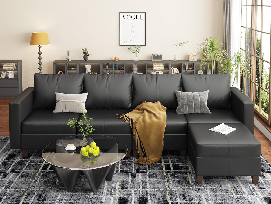 EASE MOOSE Faux Leather Sectional Couch with Storage,Black U Shaped Faux Leather Modualr Sofa Couch，with Storage